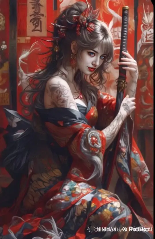 Elegant Swordswoman in Red Kimono with Dynamic Motion Blur – AI Generated Video | Hailuo AI