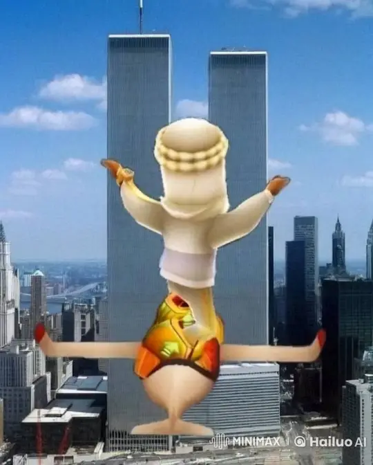 Animated Character Celebrates on Twin Towers' Model – AI Generated Video | Hailuo AI