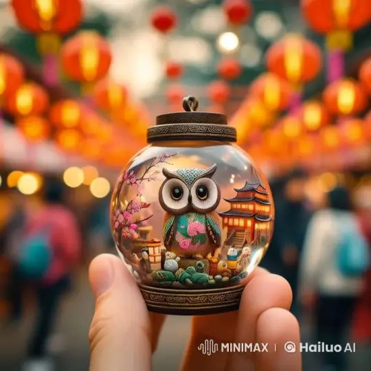 Magical Animated Glass Ornament with Owl and Pagoda – AI Generated Video | Hailuo AI