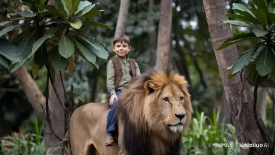 Boy on Lion's Back: Jungle Adventure Animation – AI Generated Video | Hailuo AI