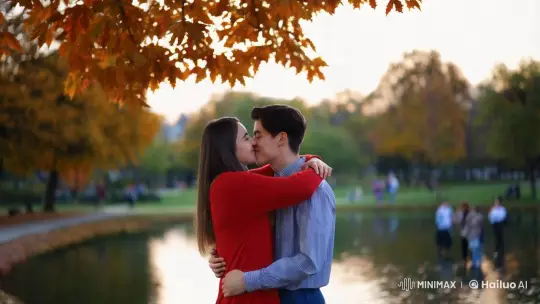 Intimate Embrace Celebrates Kiss and Hug Day in Autumn Park – AI Generated Video | Hailuo AI