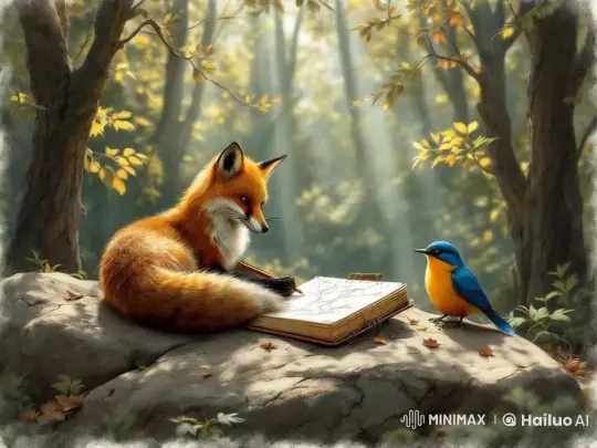 Fox Sketching with Curious Bird in Forest – AI Generated Video | Hailuo AI