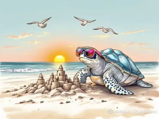 Cool Turtle Enjoying Sunset on Beach with Sandcastle – AI Generated Video | Hailuo AI