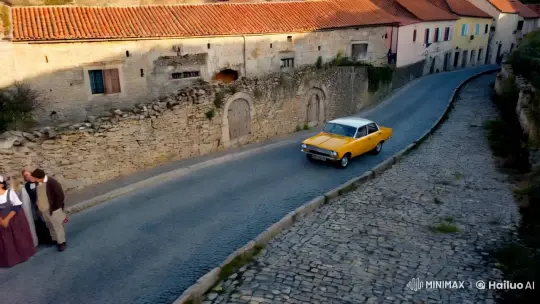 Timeless Village Meets Modern Yellow Car – AI Generated Video | Hailuo AI