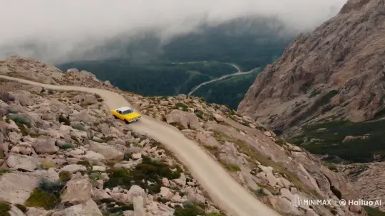 Yellow Car Navigates Desolate Mountain Path – AI Generated Video | Hailuo AI