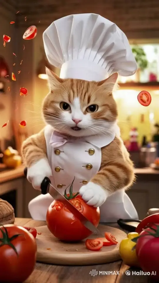 Feline Chef: Cat Skillfully Prepares Tomato in Cozy Kitchen – AI Generated Video | Hailuo AI