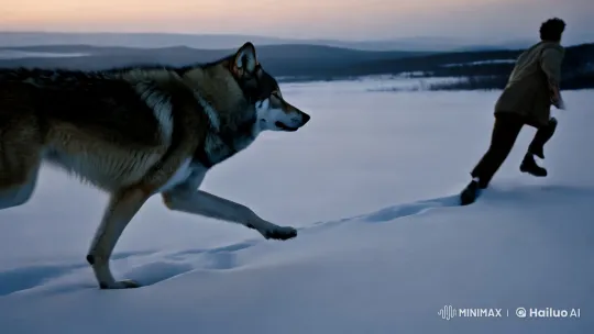 Twilight Chase: Wolf Pursues Man Across Snowy Wilderness – AI Generated Video | Hailuo AI