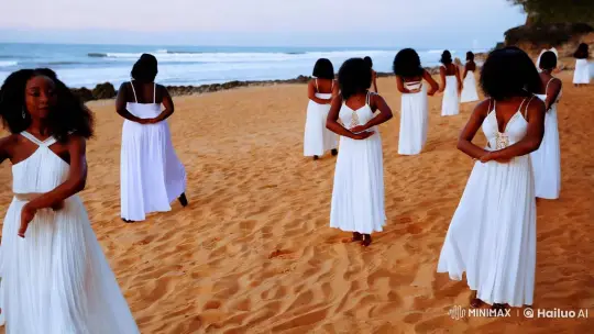 African-European Women Dance Gracefully on Beach at Dusk – AI Generated Video | Hailuo AI