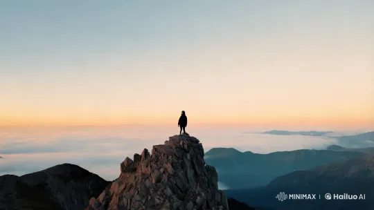 Solitary Figure Contemplates Vast Landscape from Mountain Peak – AI Generated Video | Hailuo AI