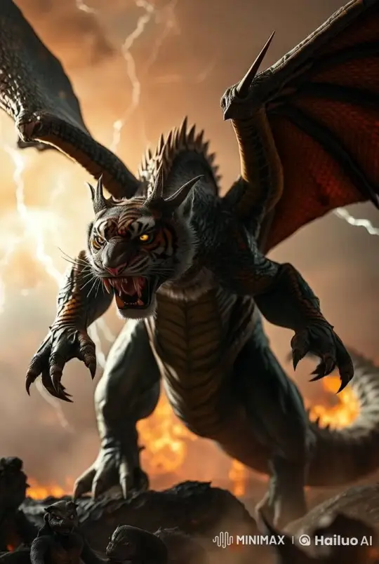Dragon-Tiger Hybrid Dominates Fiery Landscape – AI Generated Video | Hailuo AI