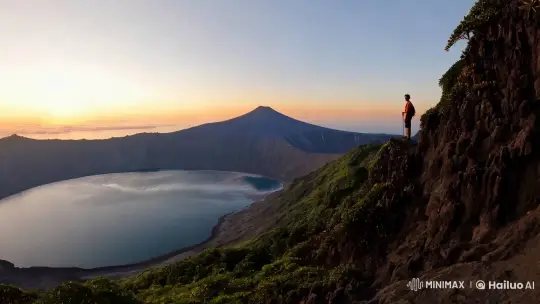 Dawn's Glow on Mount Rinjani's Crater Lake – AI Generated Video | Hailuo AI