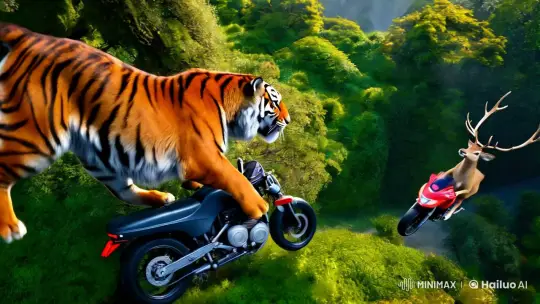 Tiger and Deer Chase on Motorcycles in Lush Forest – AI Generated Video | Hailuo AI