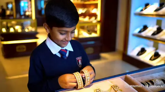 Boy Selects Precious Bangles in Luxury Jewelry Showroom – AI Generated Video | Hailuo AI