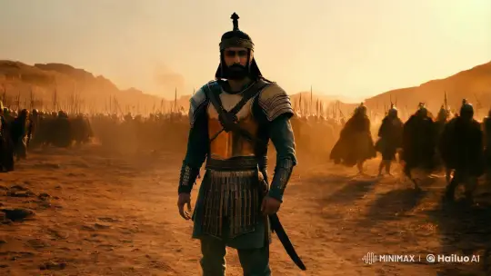 Ariobarzanes: Heroic Commander in Dramatic Battle Scene – AI Generated Video | Hailuo AI