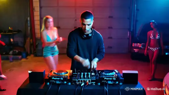 DJ in Dim Garage: Artful Dance Scene – AI Generated Video | Hailuo AI