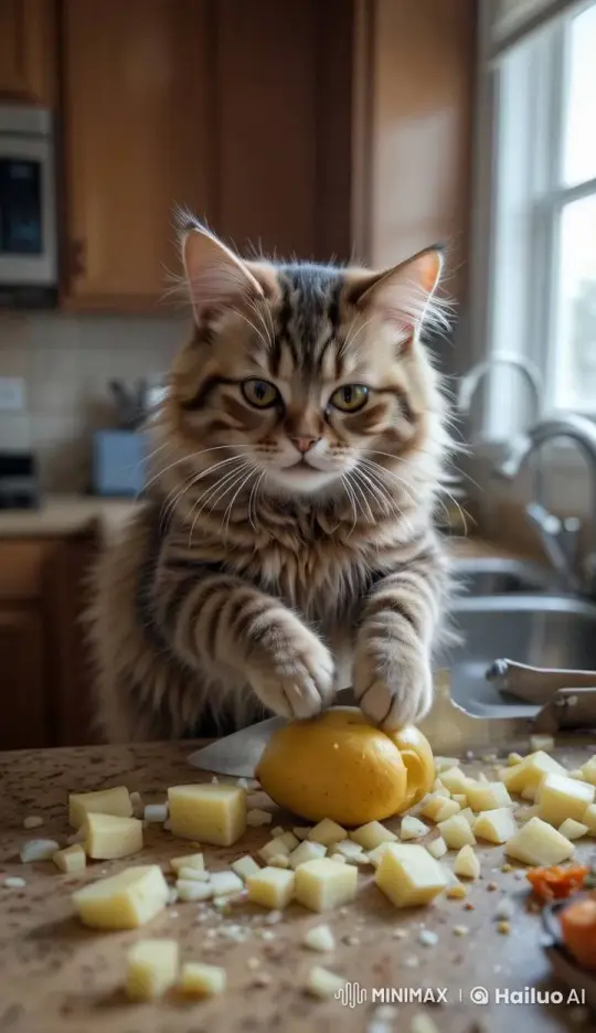 Fluffy Cat Whiskers Whimsically Chops Potatoes – AI Generated Video | Hailuo AI