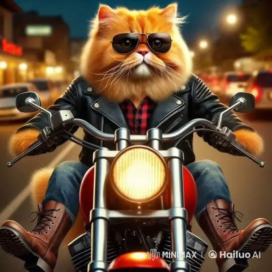 Leather-Jacketed Cat Motorbikes Through City at Night – AI Generated Video | Hailuo AI