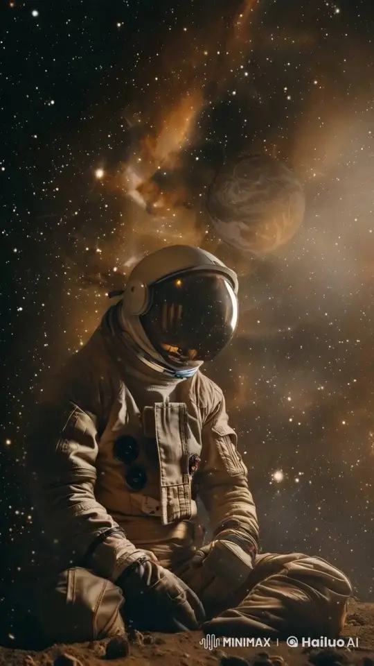 Astronaut Contemplates Cosmic Expanse on Celestial Surface – AI Generated Video | Hailuo AI
