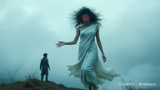 Eerie Haunting Scene with Animated Woman and Mysterious Man – AI Generated Video | Hailuo AI