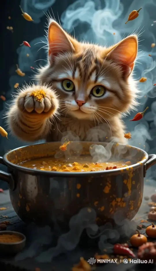 Whiskers the Cat Enchants with Magical Curry Stirring – AI Generated Video | Hailuo AI