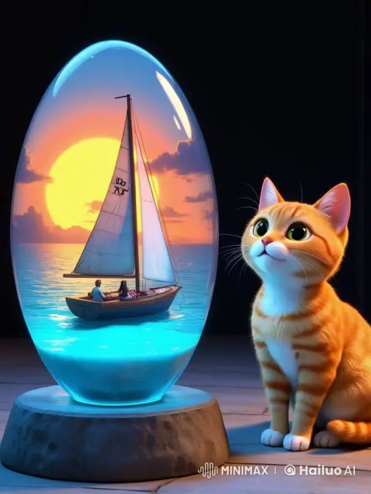 Holographic Cat and Owner Enjoy Serene Sunset Voyage – AI Generated Video | Hailuo AI