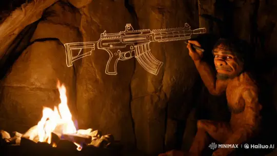 Caveman Sketches Sniper Rifle in Ancient Cave Scene – AI Generated Video | Hailuo AI