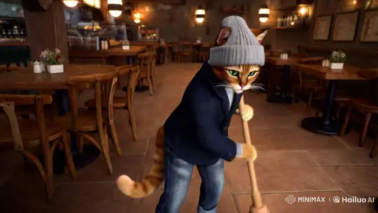 Anthropomorphic Cat Cleans Quaint Café in Slow Motion – AI Generated Video | Hailuo AI