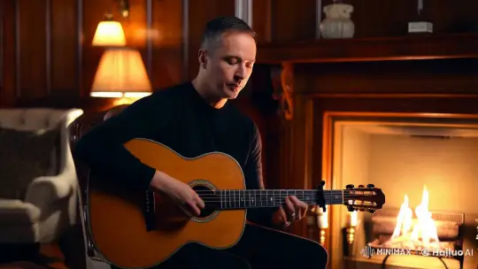 Intimate Acoustic Performance in Cozy Fireplace Setting – AI Generated Video | Hailuo AI