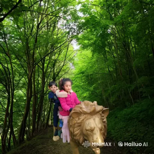 Children Ride Living Lion Statue in Enchanted Jungle – AI Generated Video | Hailuo AI