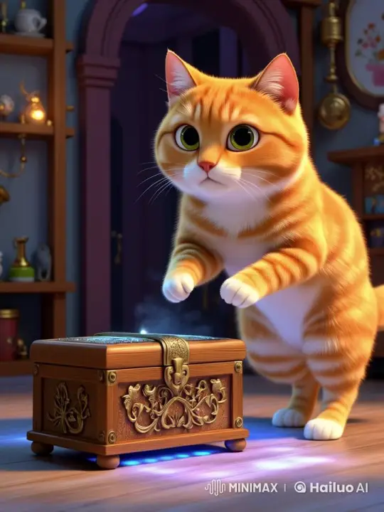 Curious Cat Encounters Mysterious Glowing Box – AI Generated Video | Hailuo AI