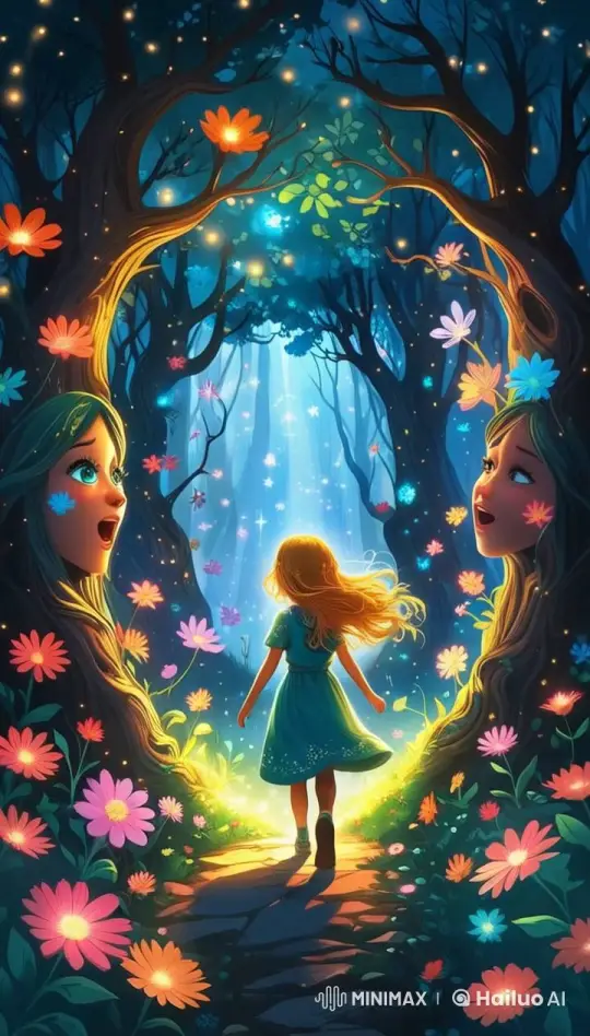 Enchanted Forest: Girl Awakens Animated Nature with Light – AI Generated Video | Hailuo AI