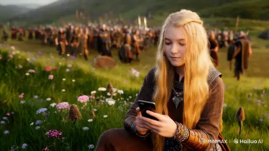 Viking Teen with Cellphone Amidst Battle Scene – AI Generated Video | Hailuo AI