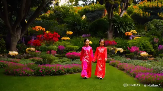 Traditional Vietnamese 'áo dài' in a Lush Garden Setting – AI Generated Video | Hailuo AI