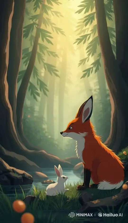 Red Fox and Rabbit in Tranquil Forest Clearing – AI Generated Video | Hailuo AI