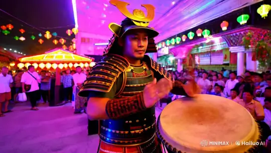 Samurai Drummer at Dangdut Festival: Fusion of Tradition and Modernity – AI Generated Video | Hailuo AI