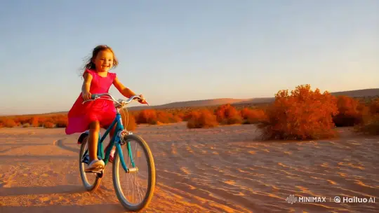 Girl Cycles Joyfully Across Vast Autumn Desert – AI Generated Video | Hailuo AI