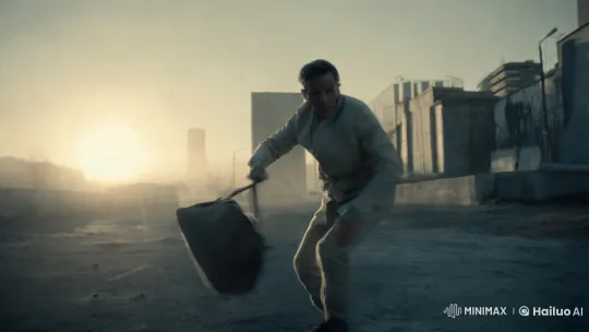 Man Struggles with Bag in Surreal Slow-Motion Urban Scene – AI Generated Video | Hailuo AI