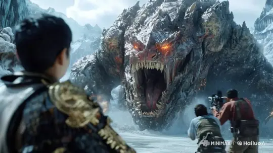 Giant Monster Roars Amidst Scattered Explorers' Flight – AI Generated Video | Hailuo AI
