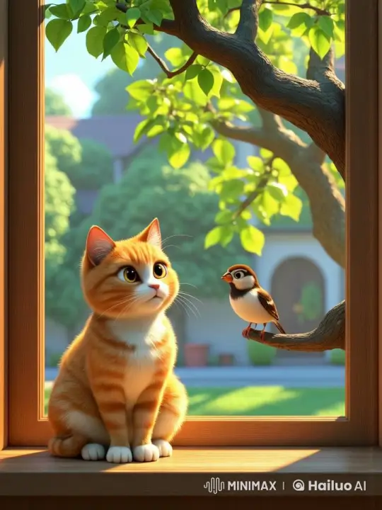 Chubby Cat Watches Sparrow from Windowsill in Animated Serenity – AI Generated Video | Hailuo AI