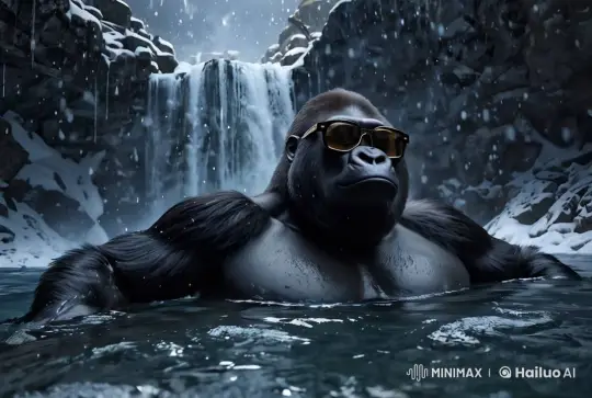 Gorilla Dives into Snowy Waterfall Pool – AI Generated Video | Hailuo AI