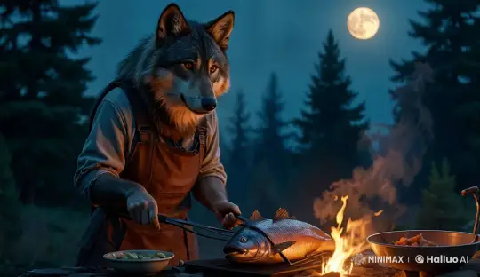 Anthropomorphic Wolf Grills Fish in Moonlit Forest Clearing – AI Generated Video | Hailuo AI