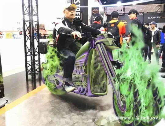 Green Flame Spinning Motorcycle at Exhibition – AI Generated Video | Hailuo AI