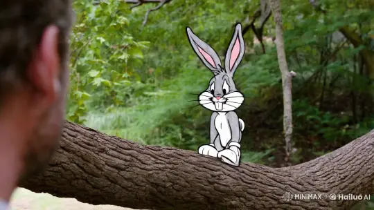 Bugs Bunny in Mixed Reality: Pencil Sketch Meets Real Branch – AI Generated Video | Hailuo AI