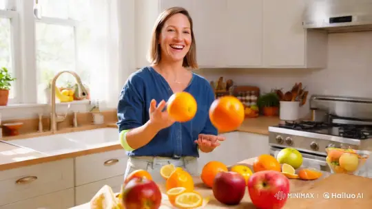 Joyful Woman Skillfully Juggles Fruits in Bright Kitchen – AI Generated Video | Hailuo AI