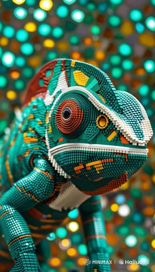 LEGO Chameleon Sculpture Showcases Vibrant Detail and Motion – AI Generated Video | Hailuo AI