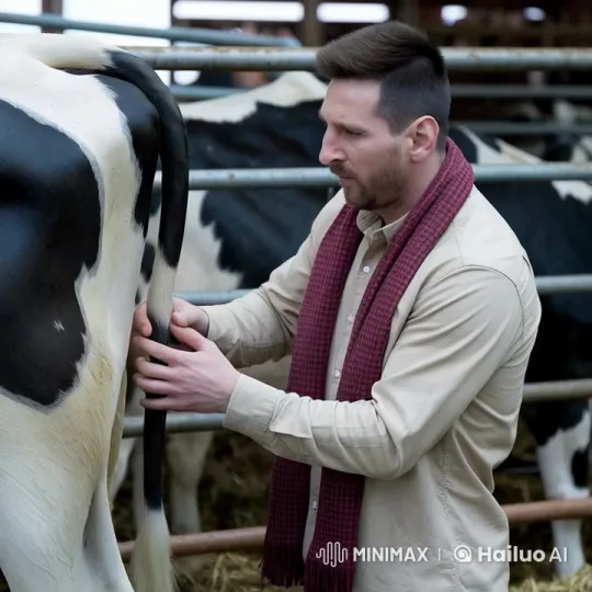 Man Examines Cow's Tail in Barn – AI Generated Video | Hailuo AI