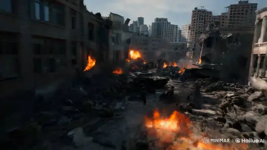 High-Speed POV Through a War-Torn Cityscape – AI Generated Video | Hailuo AI