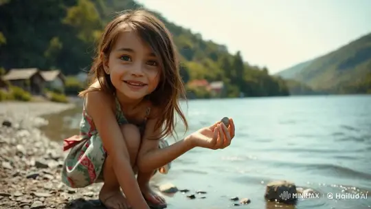 Curious Girl Explores Enchanting Village by River – AI Generated Video | Hailuo AI