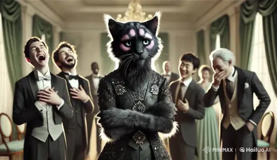 Dignified Black Cat Amidst Laughing Humans – AI Generated Video | Hailuo AI