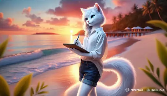 Anthropomorphic Cat Draws on Tranquil Beach at Sunset – AI Generated Video | Hailuo AI
